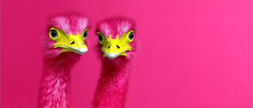 Two Pink Ostrich Heads Close-Up Portrait on Vibrant Pink Background, Surreal Pop Art Image