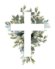Easter cross with green leaves and branches
