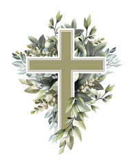 Vector illustration of a Christian cross with green leaves

