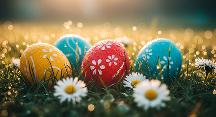 Vibrant Easter eggs nestled in lush green grass with daisies