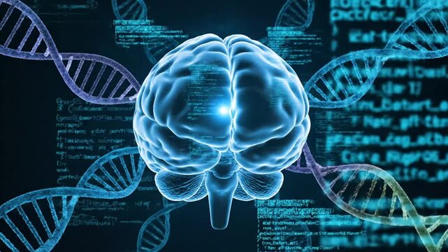 Glowing human brain with interconnected DNA strands and digital code representing artificial intelligence and science