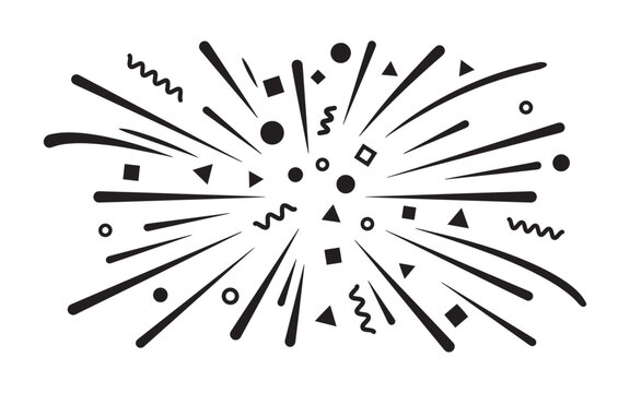Black and white minimalist vector explosion burst featuring geometric shapes like circles, squares, and triangles with radiating lines and festive confetti.