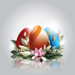 Glossy Easter Eggs with Spring Flowers and Green Foliage
