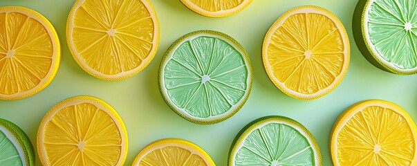 Fototapeta premium Vibrant Slices of Lemon and Lime on a Bright Green Background