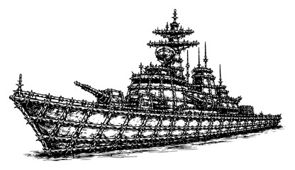 Large military warship wrapped in barbed wire in vintage engraving style © Tomas