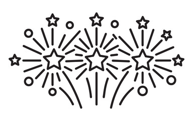 A festive black and white line art illustration featuring a trio of explosive firework bursts with decorative stars and circular sparkles.