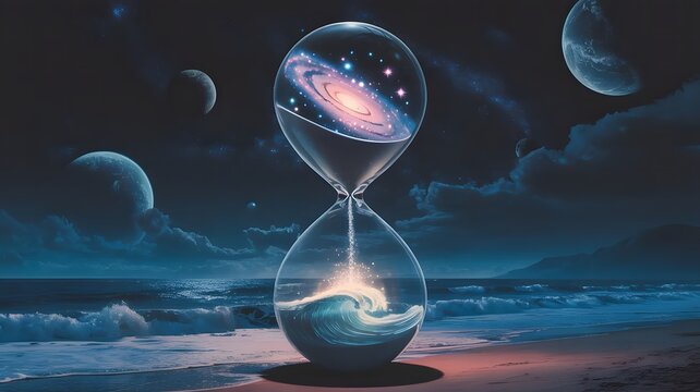 Glass hourglass with galaxy and ocean waves on a beach at night