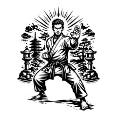 Karate master in traditional gi performing martial arts stance with pagoda background in engraving style