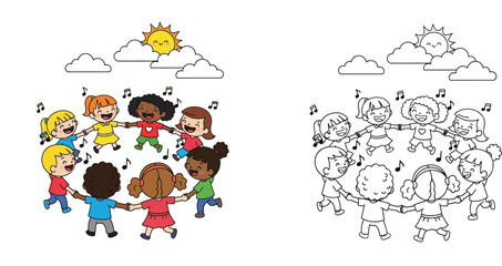 Happy Diverse Kids Dancing in a Circle Outdoors - A Joyful Illustration of Childhood Friendship