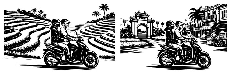 Travelers on scooters riding through rice terraces and traditional town gates © Tomas