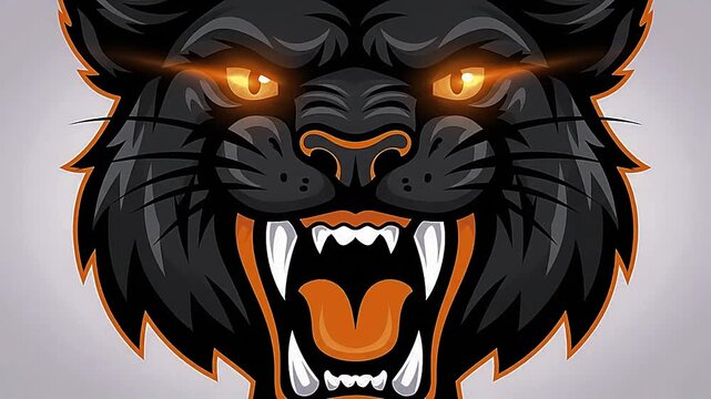 Fierce black panther head with glowing orange eyes and sharp teeth.