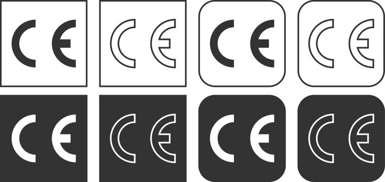 Collection of CE mark icons in square badges with solid and outline styles for different uses