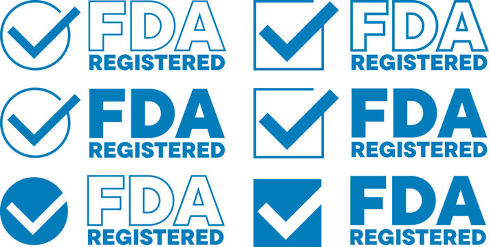 Collection of blue FDA Registered badges with check mark icons in different styles and sizes