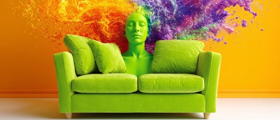 Sofa Surfer - Surreal Green Sofa With Painted Human Head and Explosive Color Splash for Creative Concept