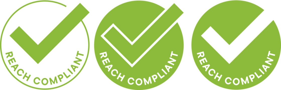 Green REACH compliant circular badges with check mark icon design for certification display