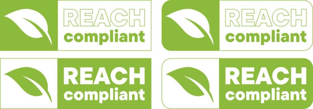 Green REACH compliant labels feature a leaf icon in various badge styles