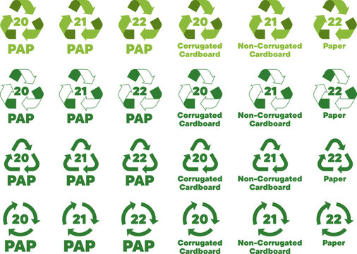 Recycling icons showing PAP codes for corrugated and non corrugated cardboard in green colors
