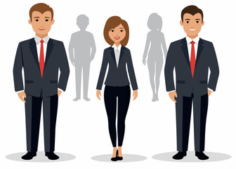 A group of business people including men and women in formal attire