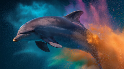 Fototapeta premium Side-view dolphin glides through deep blue water as teal, purple, and orange powder clouds swirl behind it, creating a dreamy, cinematic marine wildlife scene with copy space.