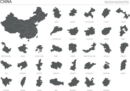 China region silhouettes set and blank map of the country isolated on white background. Vector illustration design