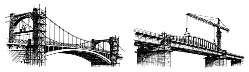 Obraz premium Large suspension bridge under construction with scaffolding and heavy industrial crane in detailed line art