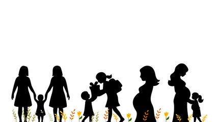 silhouettes of various mothers and children walking in line for family greeting © foxndeer