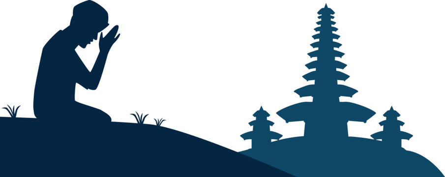 Balinese person praying silhouette for religion celebration, nyepi day, hinduism vector illustration.