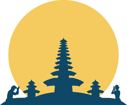 Balinese person praying silhouette for religion celebration, nyepi day, hinduism vector illustration.