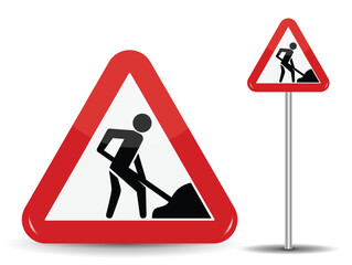 Construction worker falling into hole warning sign flat design vector illustration