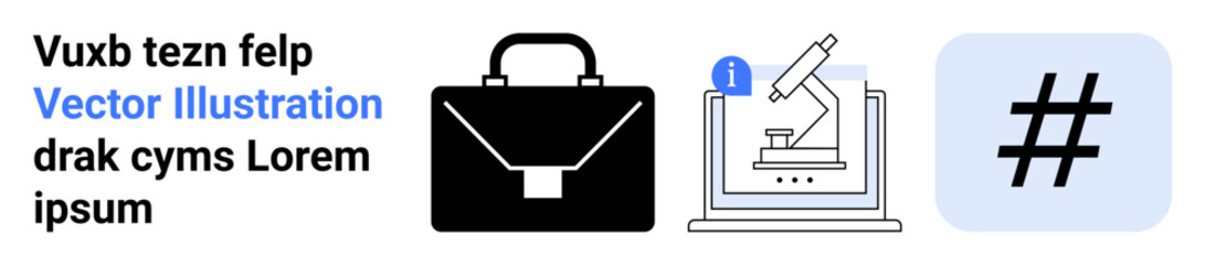 Fototapeta premium Black briefcase, microscope on monitor, and metadata tag icons reflect modern business, science, and social media. Ideal for business, research, technology, connectivity marketing education simple