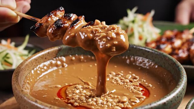Chicken satay skewer dipping into peanut sauce 4K Video