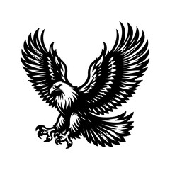 Obraz premiumBlack silhouette vector illustration of a wild eagle in flight with tribal wings and hawk-like feathers designed as a majestic bird symbol for a nature tattoo