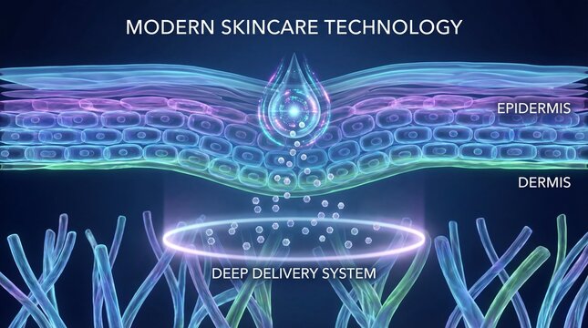 Modern skincare technology deep delivery system light penetration smooth skin epidermis dermis hydration glowing effect scientific illustration blue purple healthy beauty