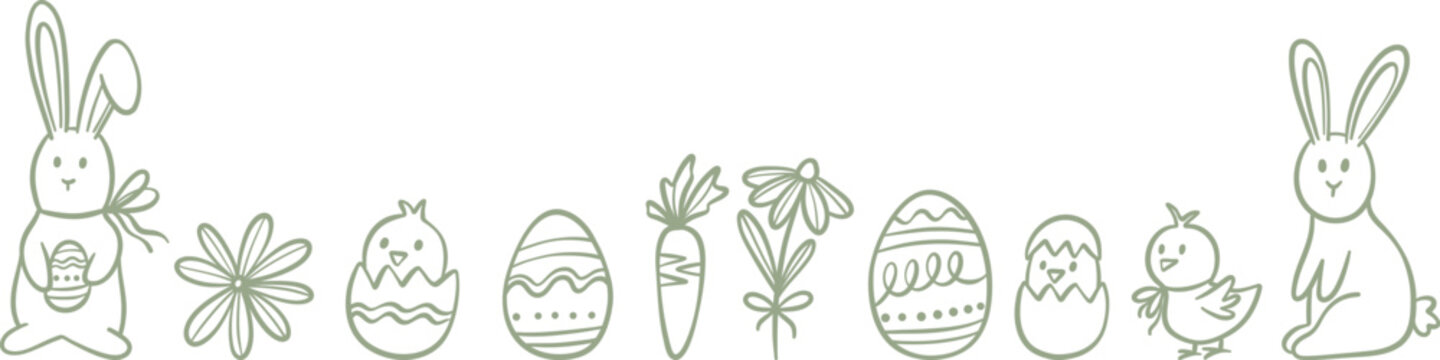 Doodle easter bunny banner, cute vector hand drawn stickers frame