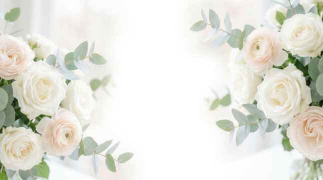 Arrangement of light pink and white roses with green leaves on either side of a bright, white, undefined central area