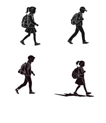 Fototapeta premium Vector silhouettes of people featuring a man with a gun and active figures in sport or dance action create a black art illustration of men and children in shadow