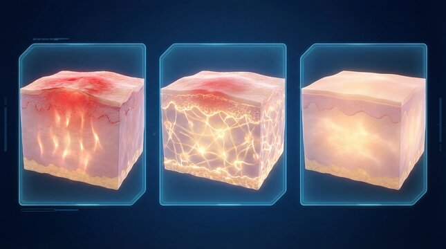 Cross section skin healing process damaged dermis light penetration smooth skin glowing tissue medical illustration regeneration wound recovery healthy texture digital rendering