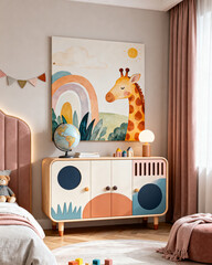  Pastel giraffe nursery wall art with rainbow and soft watercolor tones for baby room decor