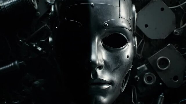 Metallic Head Surrounded by Machinery in Dark Industrial Setting