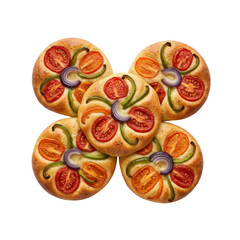 Five round focaccias with vegetables