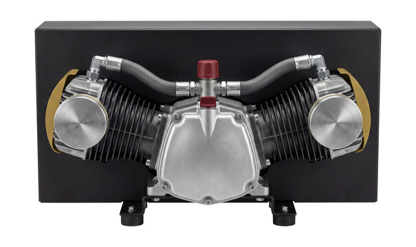 High-volume piston compressor with a dual-piston setup.