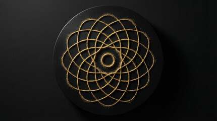 Fototapeta premium World Hearing Day concept featuring a symmetrical geometric Chladni figure pattern formed from golden dust on a black plate representing sound frequency resonance and acoustic harmony.