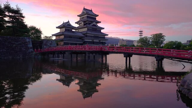 The historic Matsumoto Castle in Matsumoto, Japan at dawn.