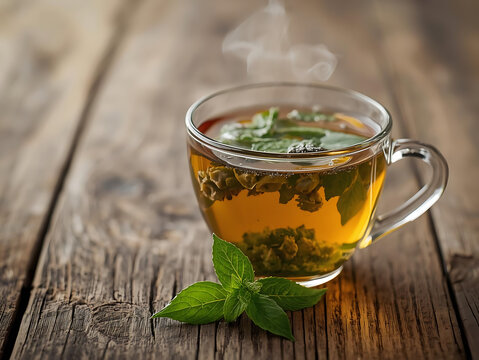 cup of tea from and green raspberry leaves on a wooden background. Blur and selective focus. Concept medicinal plant