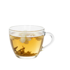 Glass mug of jasmine tea with flowers