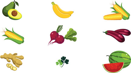 Fresh Fruits and Vegetables Vector Icon Set Organic Food Illustration Pack