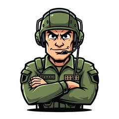 Fototapeta premium Vigilant Military Commander Character Illustration with Communication Headset Posing Confidently
