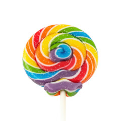 Rainbow swirl lollipop with sugar crystals isolated On Transparent Background