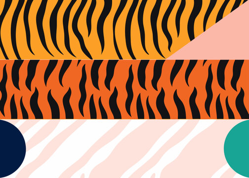 Abstract geometric pattern featuring orange tiger stripes and white zebra print textures