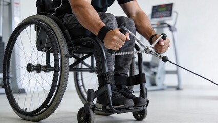 Naklejka premium Disabled man uses gym equipment for strength training in a fitness center during the day to improve health and fitness